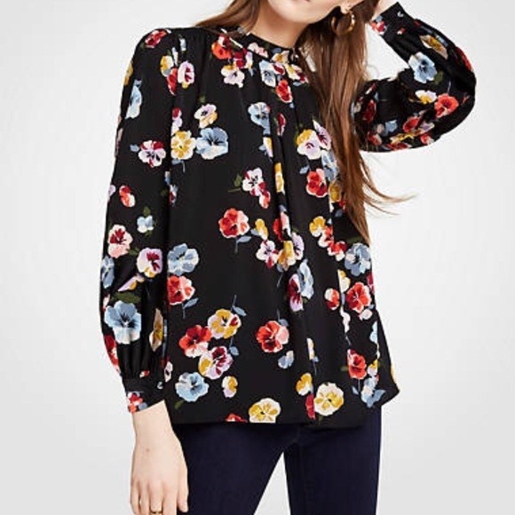 Ann Taylor Tops - Ann Taylor Black Floral Print Long Sleeve Smocked Neck Tie Back Blouse Size S